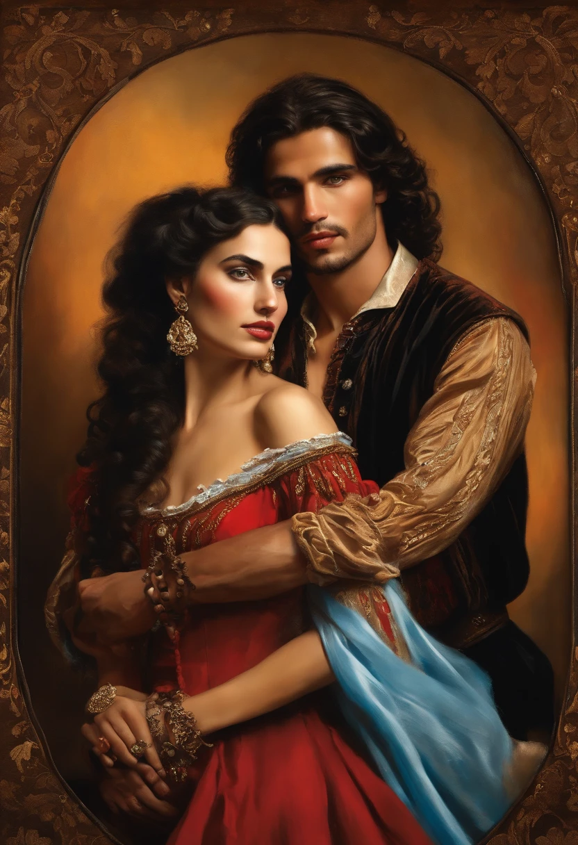 ​((Baroque style painting of a beautiful gypsy couple, man and woman)) earrings and bracelets, beautiful and sexy young people, lascivious and mischievous face, dressed in red, black and gold clothes in the style of the Victorian Era, light blue eyes, mouth sexy and shapely, long wavy brown hair, silky, falling over her shoulders, ((looking at the camera)), ((Hugging each other near a fire in a gypsy camp)). Baroque painting

