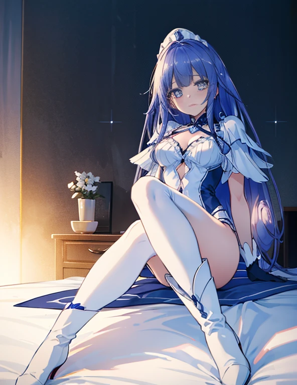 highest quality,sleep on your back in bed，Crab crotch，show me your boots，thigh high boots，leotardチラ見せ，glove，elegant, 1 girl, leotard，body suit，cute, blushed, looking at the viewer, from below, prison，blue eyes, beautiful eyes, beautiful background, particles of light, Light of the sun, dramatic lighting, outside, shiny, realistic, table top, highest quality, Super detailed, get used to it, scenery, beautiful and detailed eyes, thin hair，full body shot，