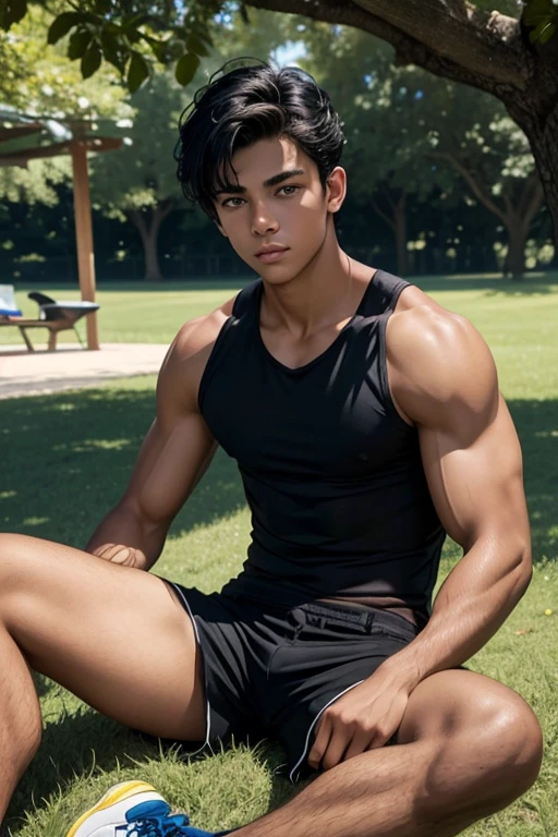 A young 18 year old male, athletic and well-defined body, slightly tanned skin, black hair, blue eyes, shirtless, no shirt on his body, black shorts, sitting on the ground on the grass under a tree in the park