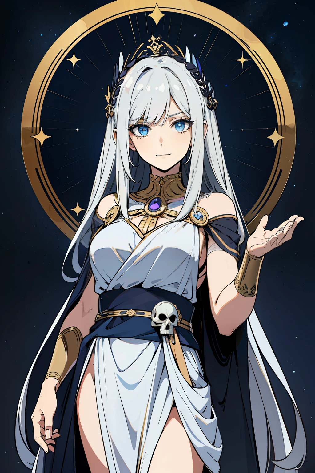 (high-quality, breathtaking),(expressive eyes, perfect face) 1girl, girl, solo, adult, white color hair, glowing hair, constellations on skin, stars in hair, long black dress, sleeveless, armband on left arm, pearl white coloured eyes, byakugan, stylised hair, gentle smile, long length hair, loose hair, side bangs, soft wavey hair, looking at viewer, portrait, ancient greek clothes, blue black and tunic, greek, blue and black sash, darkness inspired background, related to Nyx, elegent, regal, beautiful, a shaul of darkness decorated with stars, Greek Myth, soft make up, cosmos, starlight, goddess of the night, holding skull in hand
