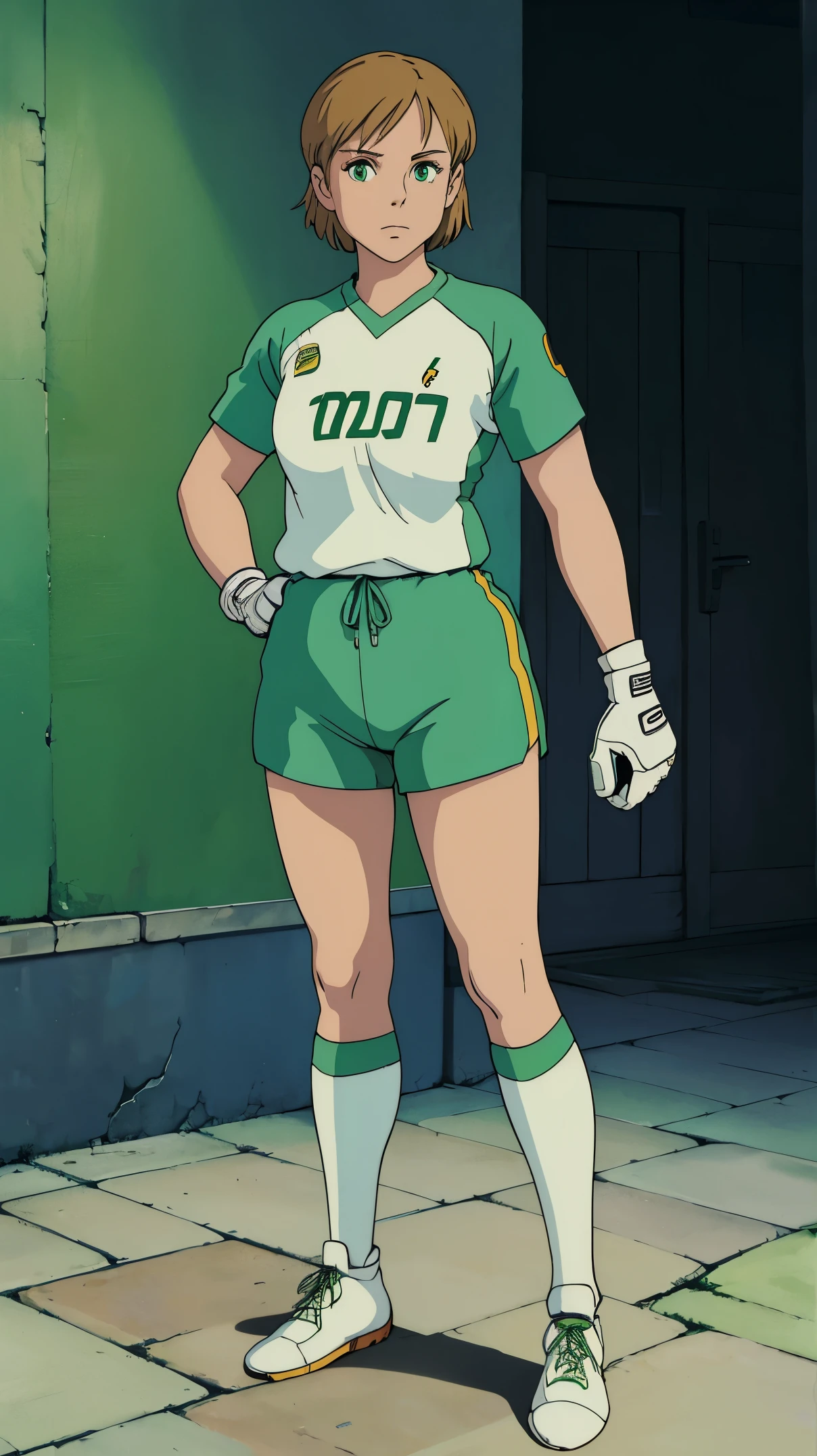 Female, Swedish, short hair, medium breasts, light green eyes, goalkeeper shirt, goalkeeping gloves, soccer shorts, long socks, shinguards, cleats, wallpaper, 1970’s standing upright,