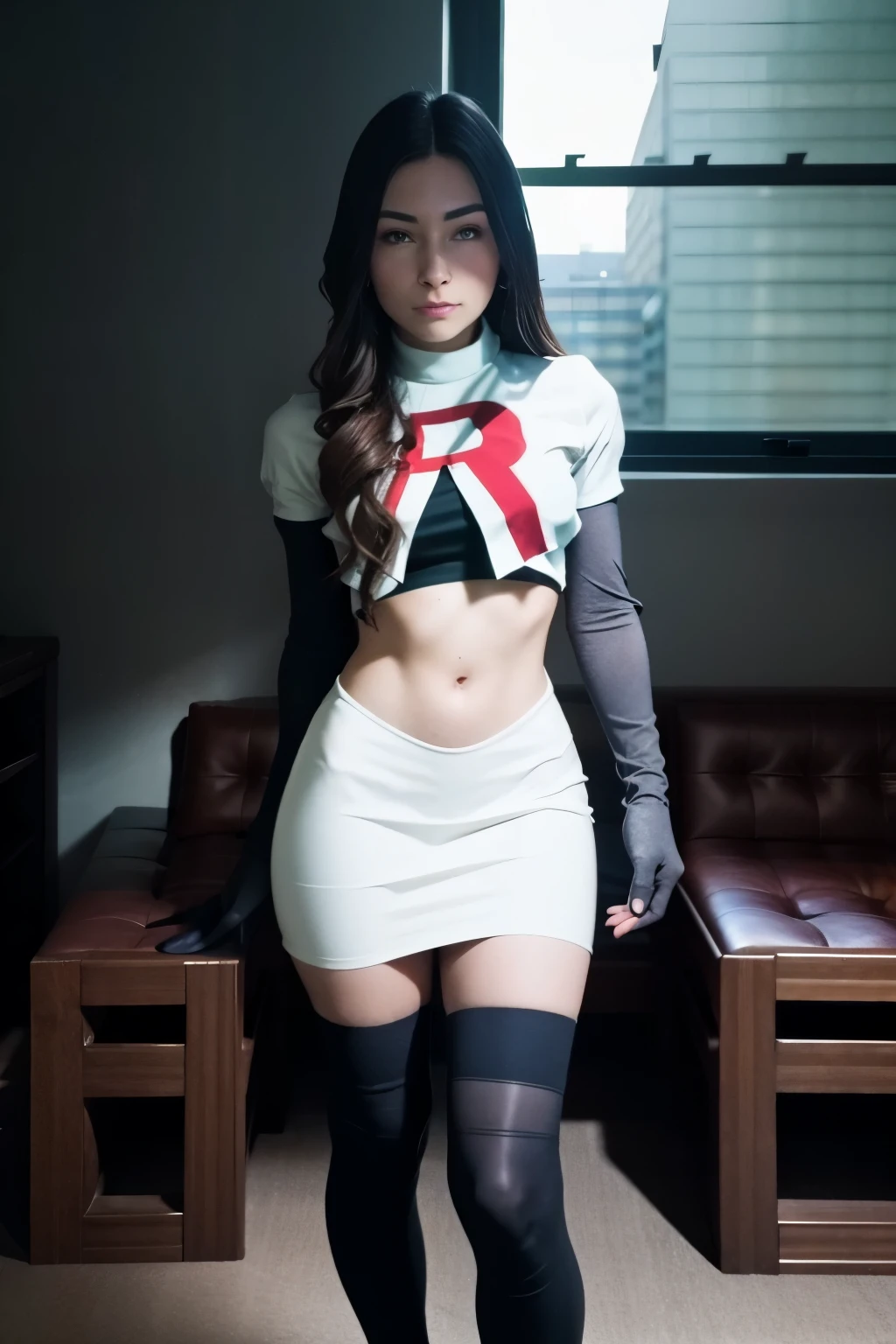 alinitydivine, a woman wearing team rocket,team rocket uniform,white skirt,red letter R,crop top,black thigh-highs,black elbow gloves,