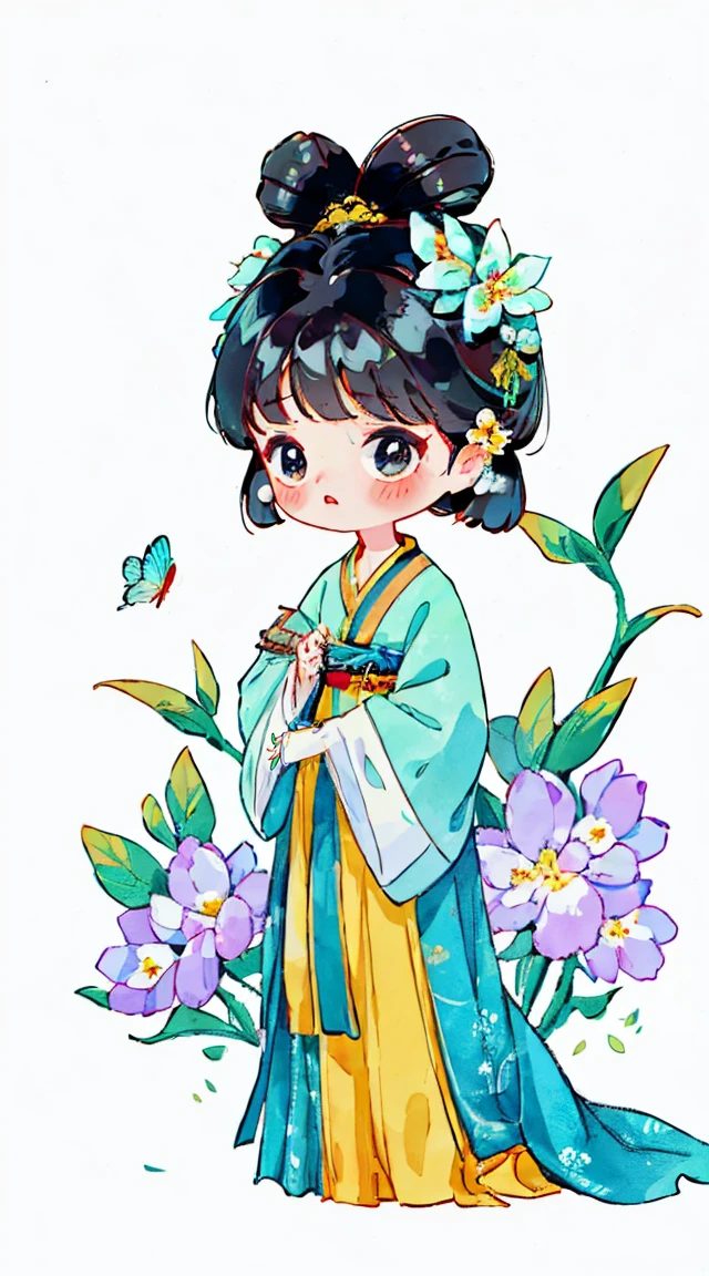 1 sister, 独自of, looking at the audience, Blushed, background with, black hair color hair, hair accessories, long sleeves, White background, eternal, Full body female love, five heads，Flowers in hand，flowers bloom, of，hair flower, 好of, Butterfly, masterpiece, 最近of质量, 最好of细节, 清晰of面部特征, 漂亮of眼睛