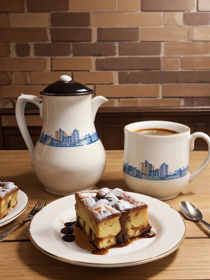 ((masterpiece、highest quality、Super detailed、High resolution、realistic、sharp focus))、((there are no humans))、high contrast、high color saturation、big bread pudding、Pastries、Coffee and mugs、coffee pot、hawk、stylish ceramic plate、Brick wall background、blurred background