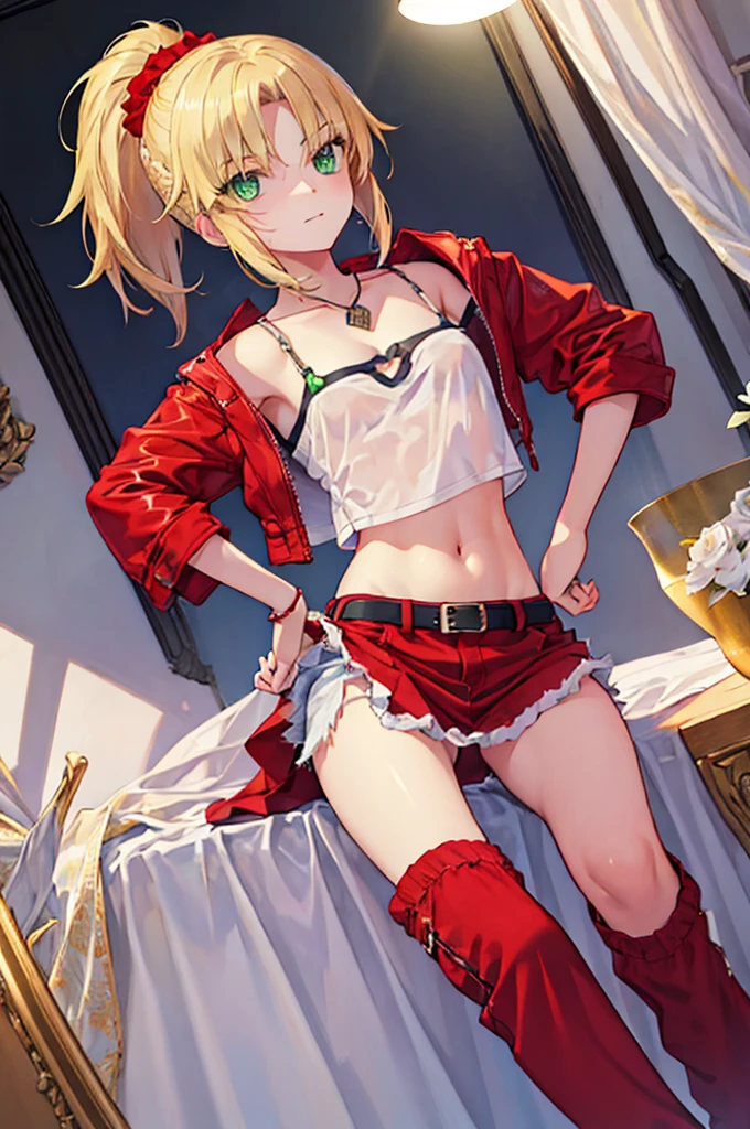 1 girl, fgomordred, modred, (green eyes:1.5), blonde hair, ponytail, short hair, scrunchie, red scrunchie, hair scrunchie, (small chest:1.2), BREAK blonde hair, white camisole,camisole, stading, BREAK looking at viewer, BREAK bedroom, BREAK (masterpiece:1.2), best quality, high resolution , unity 8k wallpaper, (artwork: 0.8), (beautiful detailed eyes: 1.6), extremely detailed face, perfect lighting, extremely detailed CG (perfect hands, perfect anatomy),camisole