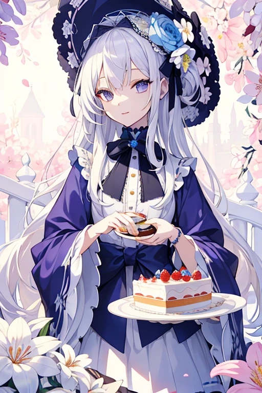 (ridiculous, high resolution, Super detailed), Detailed eyes and detailed face, Extremely detailed CG unified 8k wallpaper, intricate details, rest , blooming flowers, Colorful petals, fragrant smell, nature's gift, Vibrant garden, peaceful scenery 1 girl)),A girl is wearing a cake tiara with long white hair/Cake hat Harajuku style(color palette:Mainly purple with chocolate color and a little blue embellishment) Sweet and perfect details for medium-sized girl sweets