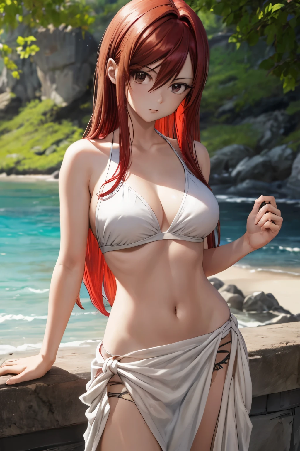 erzascarlet, erza scarlet, long hair, (red hair:1.5), hair between eyes, (brown eyes:1.7), BREAK navel, swimsuit, bikini, tattoo, white bikini, (sarong:1.5), BREAK outdoors, beach, BREAK looking at viewer, BREAK (masterpiece:1.2), best quality, high resolution, unity 8k wallpaper, (illustration:0.8), (beautiful detailed eyes:1.6), extremely detailed face, perfect lighting, extremely detailed CG, (perfect hands, perfect anatomy),