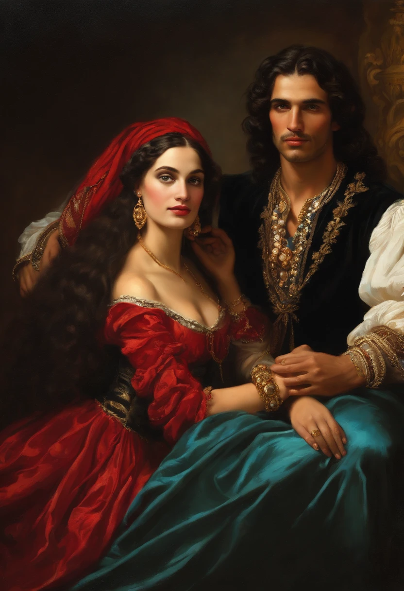 ((Baroque style painting of a beautiful gypsy couple, man and woman)) earrings and bracelets, beautiful and sexy young people, lascivious and mischievous face, dressed in red, black and gold clothes in the style of the Victorian Era, light blue eyes, mouth sexy and shapely, long wavy brown hair, silky, falling over her shoulders, ((looking at the camera)), ((Hugging each other near a fire in a gypsy camp)). Baroque painting