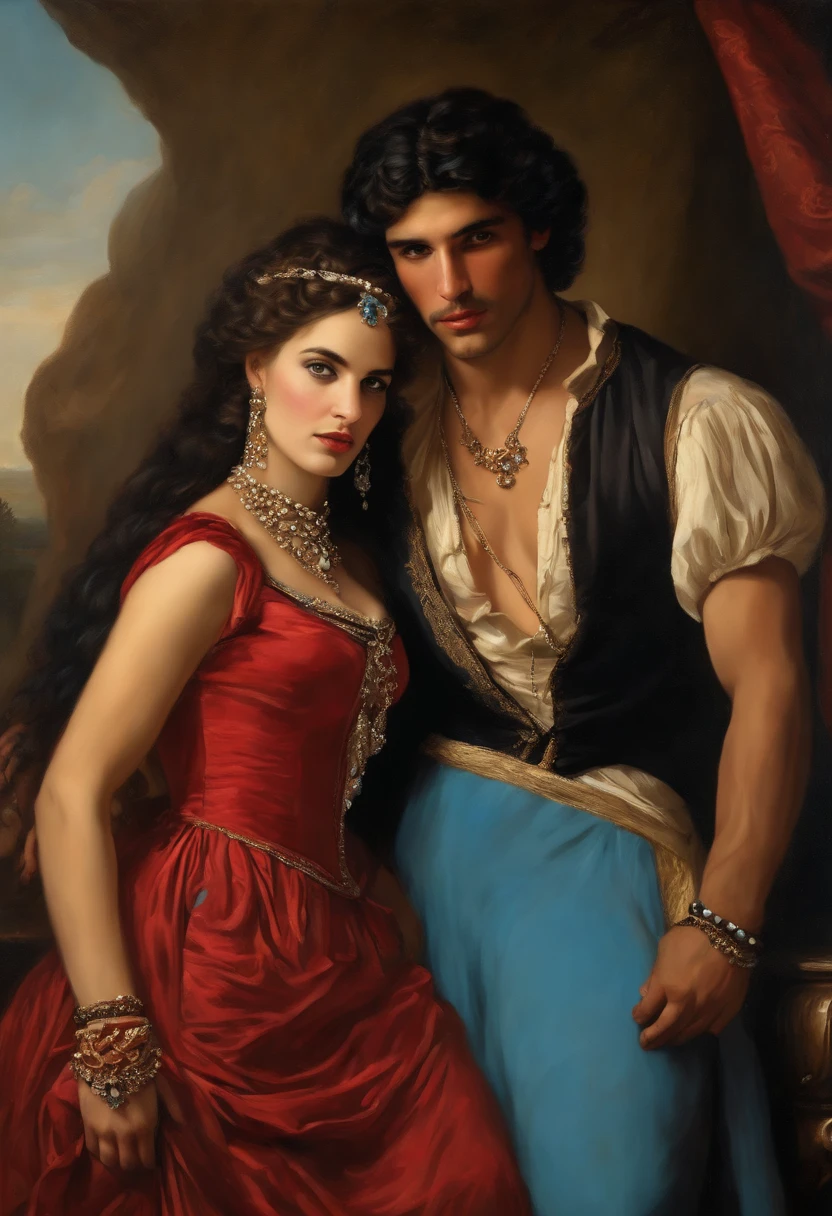 ​((Baroque style painting of a beautiful gypsy couple, man and woman)) earrings and bracelets, beautiful and sexy young people, lascivious and mischievous face, dressed in red, black and gold clothes in the style of the Victorian Era, light blue eyes, mouth sexy and shapely, long wavy brown hair, silky, falling over her shoulders, ((looking at the camera)), ((Hugging each other near a fire in a gypsy camp)). Baroque painting
