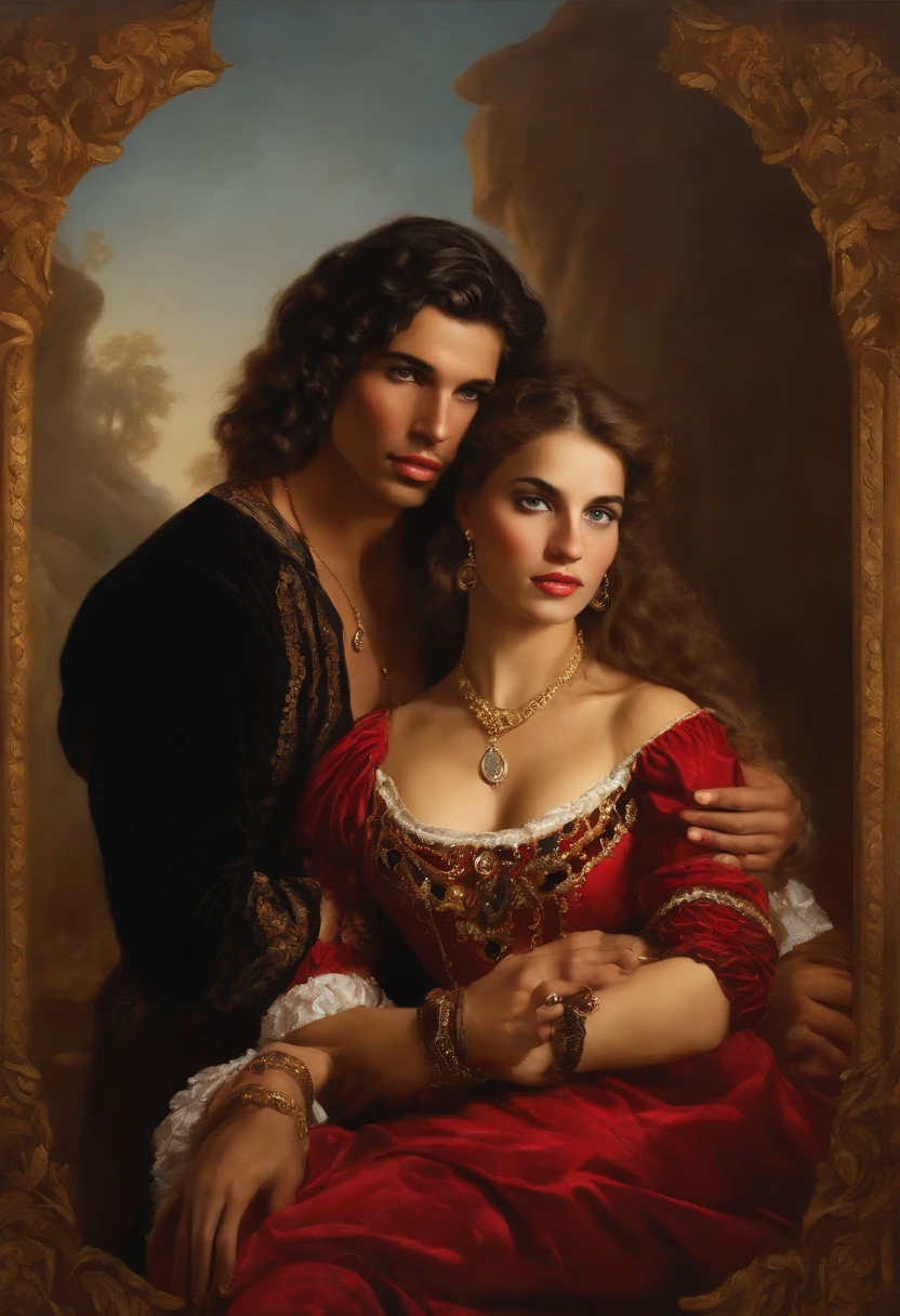 ​((Baroque style painting of a beautiful gypsy couple, man and woman)) earrings and bracelets, beautiful and sexy young people, lascivious and mischievous face, dressed in red, black and gold clothes in the style of the Victorian Era, light blue eyes, mouth sexy and shapely, long wavy brown hair, silky, falling over her shoulders, ((looking at the camera)), ((Hugging each other near a fire in a gypsy camp)). Baroque painting
