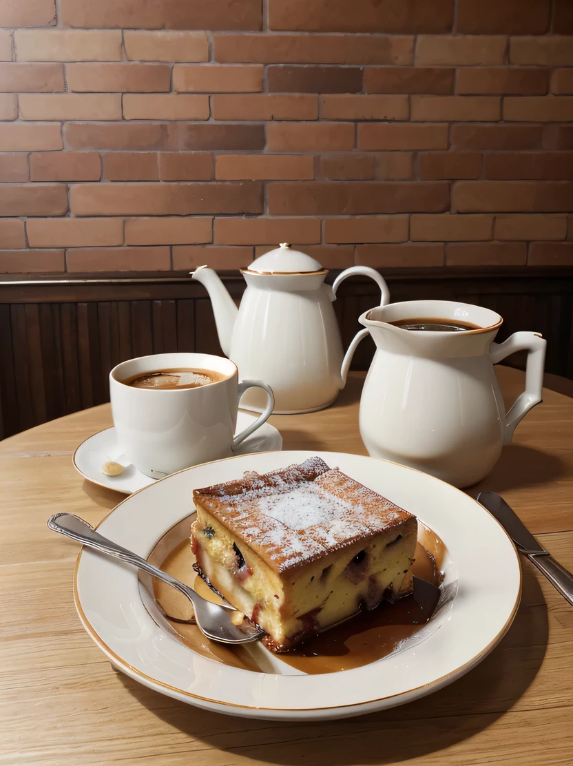 ((masterpiece、highest quality、Super detailed、High resolution、realistic、sharp focus))、((there are no humans))、high contrast、high color saturation、big bread pudding、Pastries、Coffee and mugs、coffee pot、hawk、stylish ceramic plate、Brick wall background、blurred background
