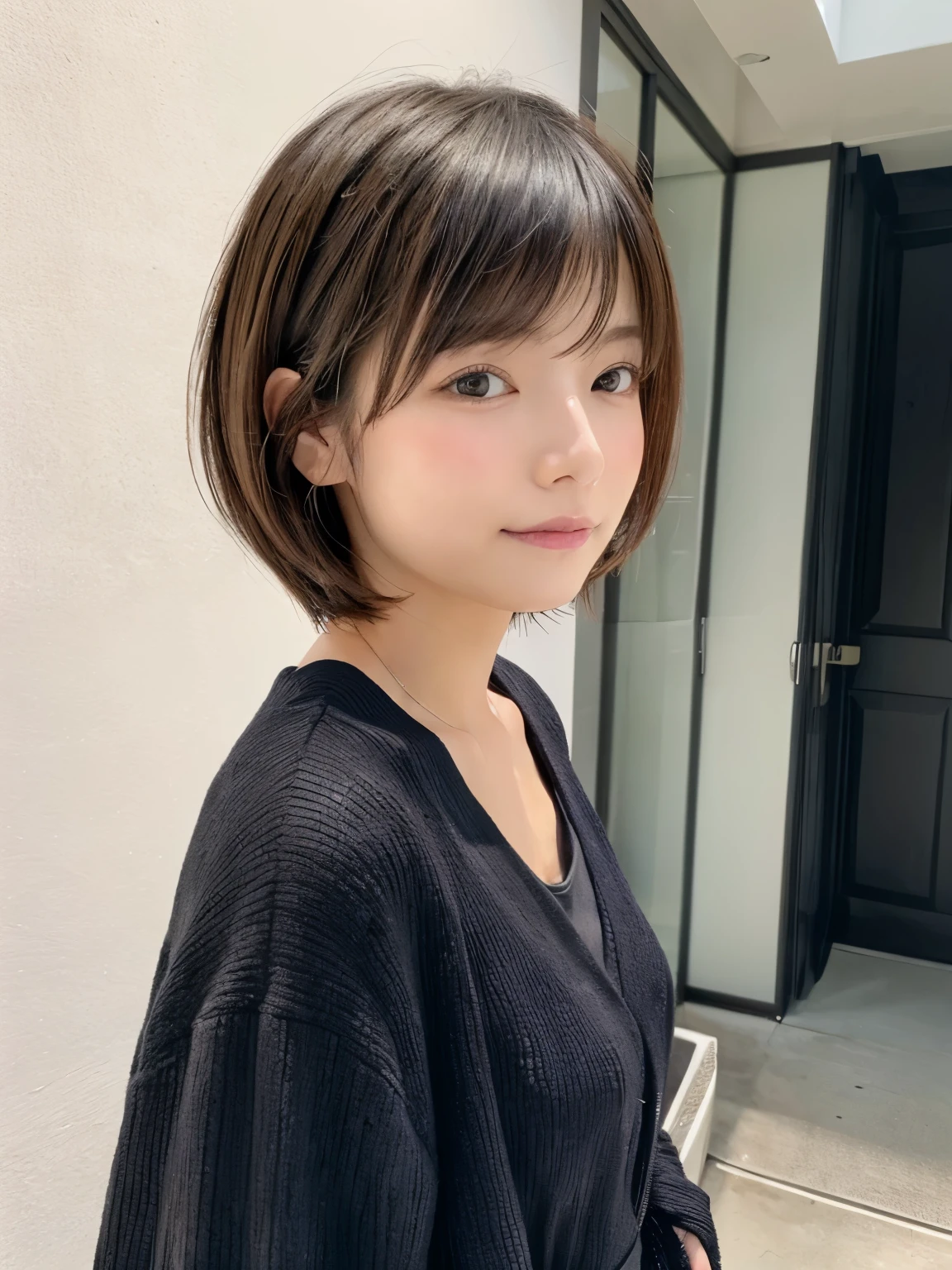 20th generation Japanese women、hairstyle with movement、wearing a black cardigan、Taken in front of a white wall、Inside a white walled room with a window、brown hair、average face of a japanese woman