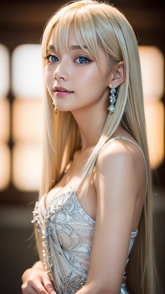 light smile、night、Live shooting、(((Portrait of extreme beauty)))、((glowing skin))、1 girl、Beautiful age girl in Prague、bright look、((platinum blonde hair))、[Big blue eyes that shine like jewels]、very big eyes、Shiny glossy skin、silky super long straight hair、eyeliner、beautiful bangs、hair between eyes、((masterpiece、最high quality、Super detailed、film light、intricate details、High resolution、very detailed))、detailed background、8KUHD、digital single lens reflex、soft light、high quality、film grain、Fujifilm XT3 、depth of field is shallow、Natural light、（No hands）、Look up、rich bust