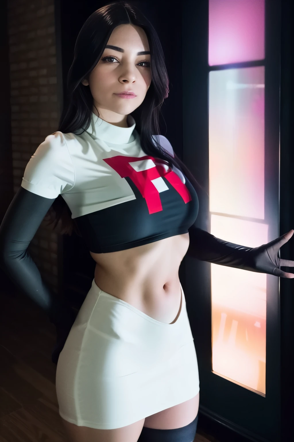 alinitydivine, a woman wearing team rocket,team rocket uniform,white skirt,red letter R,crop top,black thigh-highs,black elbow gloves,