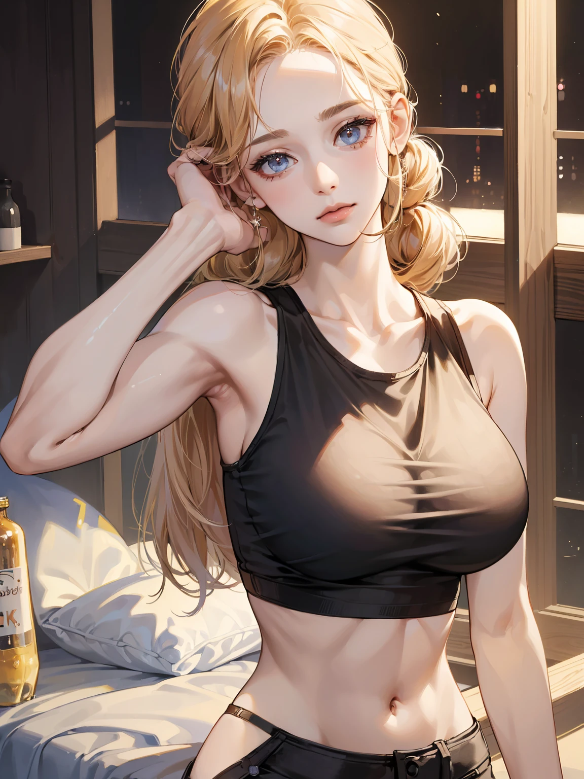 ((Best quality, 8k, Masterpiece :1.3)), 1girl, Pretty woman with emphasizing slender abs :1.3, (random hairstyles, Huge breasts :1.2), Oversized tank top :1.2, Ultra-detailed face, Detailed eyes, Double eyelid