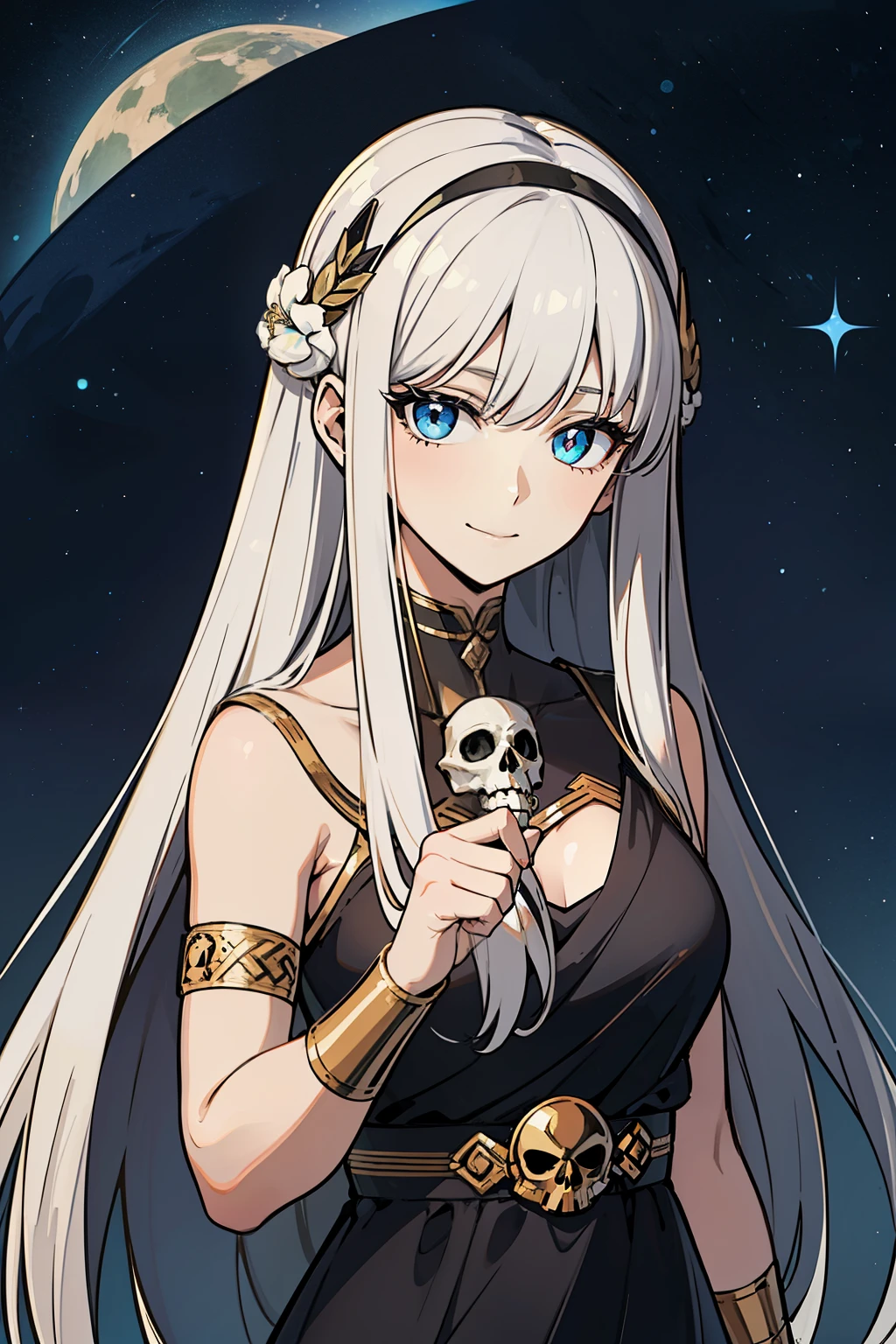 (high-quality, breathtaking),(expressive eyes, perfect face) 1girl, girl, solo, adult, white color hair, glowing hair, constellations on skin, stars in hair, long black dress, sleeveless, armband on left arm, white coloured eyes, byakugan eyes, stylised hair, gentle smile, long length hair, loose hair, side bangs, soft wavey hair, looking at viewer, portrait, ancient greek clothes, blue black and tunic, greek, blue and black sash, darkness inspired background, related to Nyx, elegent, regal, beautiful, a shaul of darkness decorated with stars, Greek Myth, soft make up, cosmos, starlight, goddess of the night, holding skull in hand