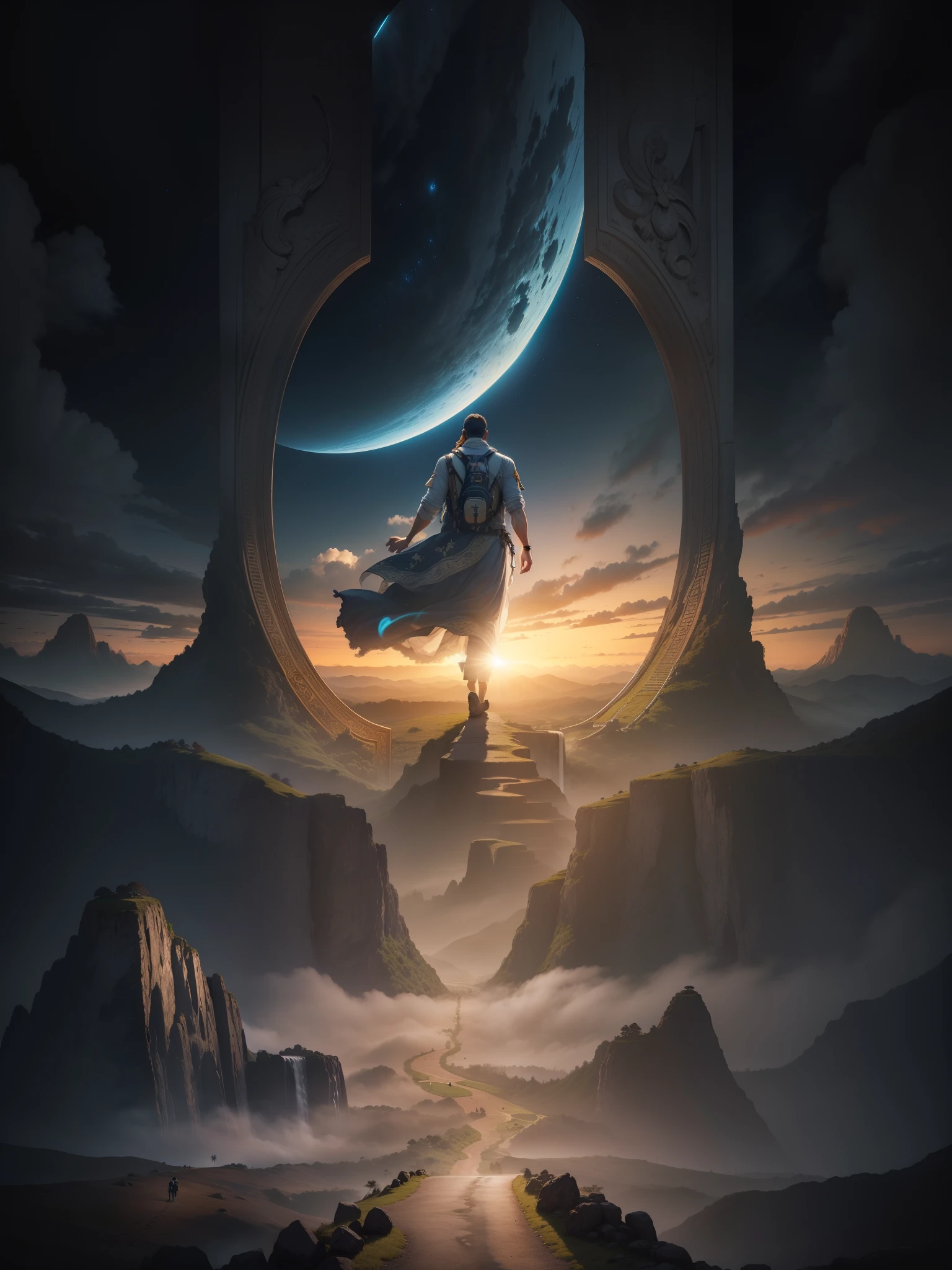 man, landscape, nature, mountains, moai stone at mountains, paths, path, path to heavens, palm trees, alone, alone, straight path, natural view, divine, clouds, cloud, heavens, sky, sky, sun, detailed sky, path to, back, manly, manly, manly, vigorous, strong, well-dressed, tunic, decent, walk, run, path, beauty path, life path, nature, beautiful place, paradise, back, walking, sky, God, Heavens, heavenly, looking straight way, towards photorealism, photorealistic, ultra hd, 4k, detailed textures, futuristic colors, detailed colors,