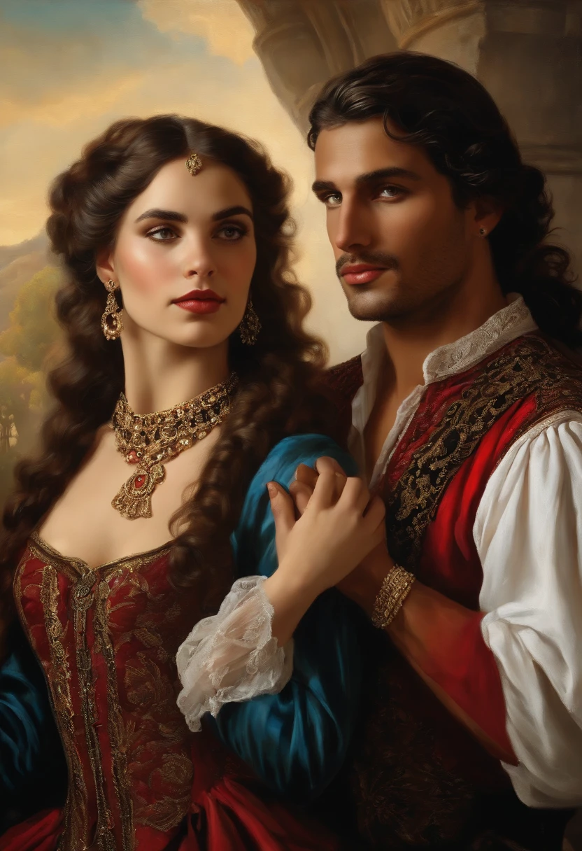 ​((Baroque style painting of a beautiful gypsy couple, man and woman)) earrings and bracelets, beautiful and sexy young people, lascivious and mischievous face, dressed in red, black and gold clothes in the style of the Victorian Era, light blue eyes, mouth sexy and shapely, long wavy brown hair, silky, falling over her shoulders, ((looking at the camera)), ((Hugging each other near a fire in a gypsy camp)). Baroque painting
