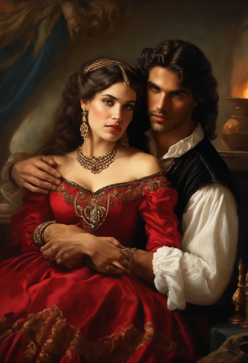 ((Baroque style painting of a beautiful gypsy couple, man and woman)) earrings and bracelets, beautiful and sexy young people, lascivious and mischievous face, dressed in red, black and gold clothes in the style of the Victorian Era, light blue eyes, mouth sexy and shapely, long wavy brown hair, silky, falling over her shoulders, ((looking at the camera)), ((Hugging each other near a fire in a gypsy camp)). Baroque painting