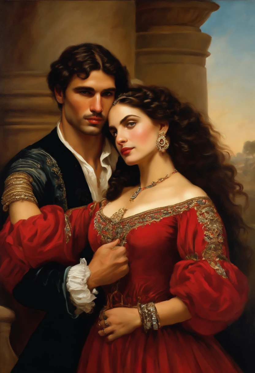 ((Baroque style painting of a beautiful gypsy couple, man and woman)) earrings and bracelets, beautiful and sexy young people, lascivious and mischievous face, dressed in red, black and gold clothes in the style of the Victorian Era, light blue eyes, mouth sexy and shapely, long wavy brown hair, silky, falling over her shoulders, ((looking at the camera)), ((Hugging each other near a fire in a gypsy camp)). Baroque painting