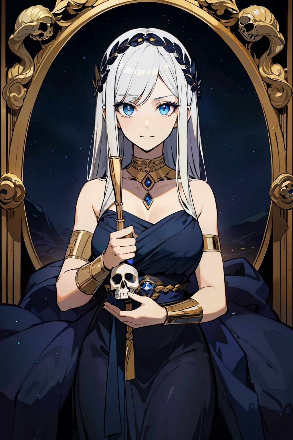 (high-quality, breathtaking),(expressive eyes, perfect face) 1girl, girl, solo, adult, white color hair, glowing hair, constellations on skin, stars in hair, long black dress, sleeveless, armband on left arm, white coloured eyes, byakugan eyes, stylised hair, gentle smile, long length hair, loose hair, side bangs, soft wavey hair, looking at viewer, portrait, ancient greek clothes, blue black and tunic, greek, blue and black sash, darkness inspired background, related to Nyx, elegent, regal, beautiful, a shaul of darkness decorated with stars, Greek Myth, soft make up, cosmos, starlight, goddess of the night, holding skull in hand