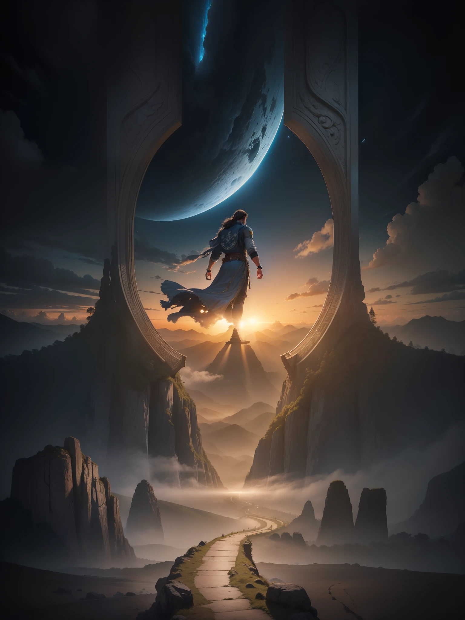 man, landscape, nature, mountains, moai stone at mountains, paths, path, path to heavens, palm trees, alone, alone, straight path, natural view, divine, clouds, cloud, heavens, sky, sky, sun, detailed sky, path to, back, manly, manly, manly, vigorous, strong, well-dressed, tunic, decent, walk, run, path, beauty path, life path, nature, beautiful place, paradise, back, walking, sky, God, Heavens, heavenly, looking straight way, towards photorealism, photorealistic, ultra hd, 4k, detailed textures, futuristic colors, detailed colors,