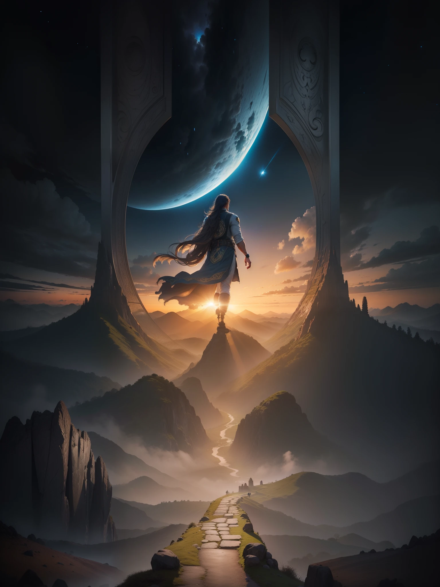 man, landscape, nature, mountains, moai stone at mountains, paths, path, path to heavens, palm trees, alone, alone, straight path, natural view, divine, clouds, cloud, heavens, sky, sky, sun, detailed sky, path to, back, manly, manly, manly, vigorous, strong, well-dressed, tunic, decent, walk, run, path, beauty path, life path, nature, beautiful place, paradise, back, walking, sky, God, Heavens, heavenly, looking straight way, towards photorealism, photorealistic, ultra hd, 4k, detailed textures, futuristic colors, detailed colors,