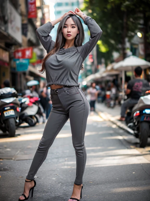 Top Quality, Photorealistic, 8K, High Definition, 1 Burmese Girl, 27 year old Woman, wearing black round neck baggy Tee-shirt, regular fit, regular length, no printing on Teeshirt, skinny damage ankle fit jeans, heels, (Skindentation), (Big Breasts, bouncy breasts), (Professional Lighting, Bokeh), (Street), (People, Crowd: 0.6), Market, (Night: 1.2), (Gray: 2.0), (Blouse: 1.5), (Portate: 0.6), Gorgeous, Bloom, (Floating Hair), (Light particles, Lens Flare, Luminous Particles: 0.6), ( Dynamic Pose: 1.2), soft lighting, Standing open legs, model posing, Burmese beautiful girl.