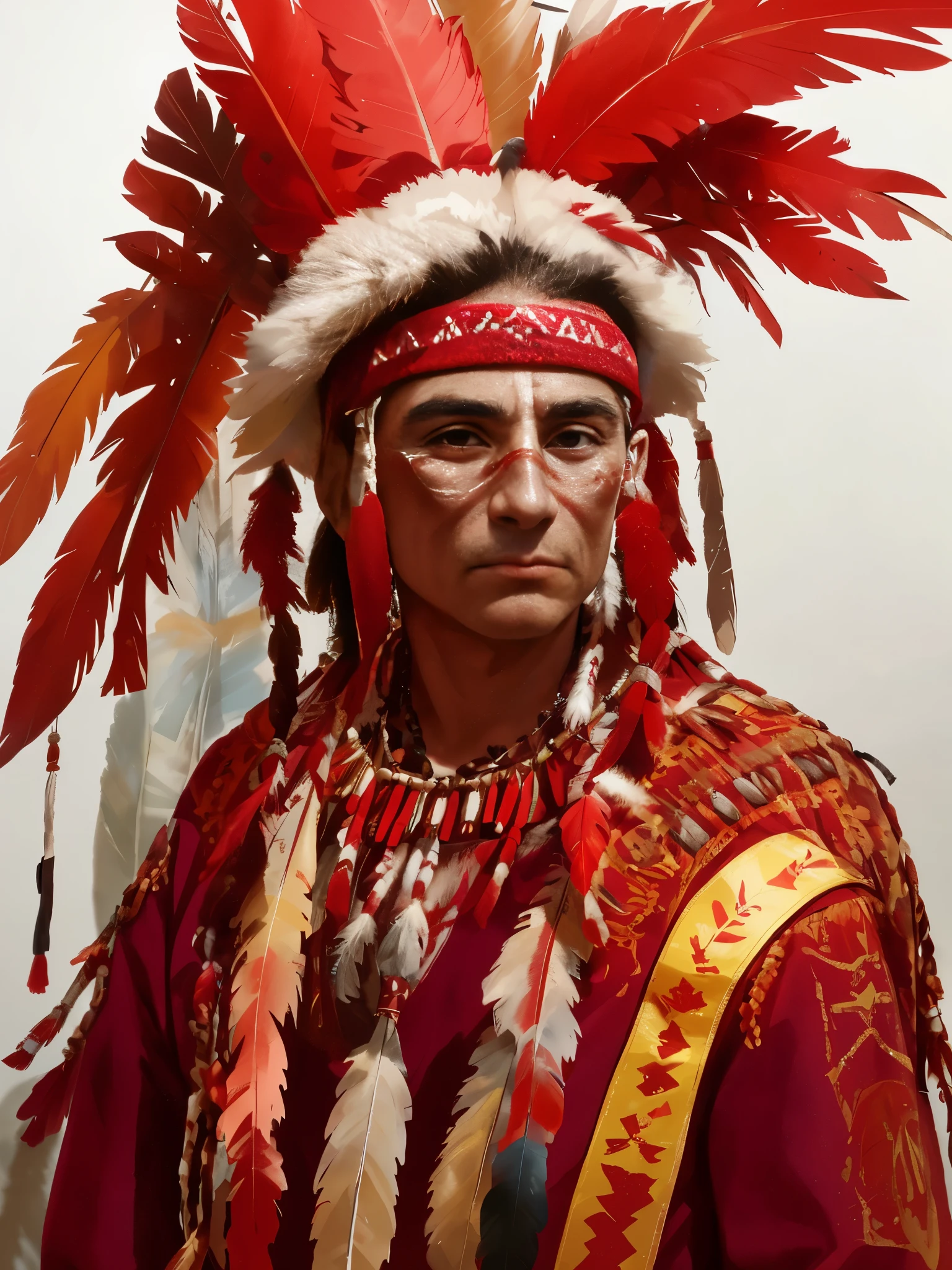 a close up of a man with a red headdress and feathers, native american, a native american warrior, native american warrior, indian warrior, indigenous man, red cloud, skilled warrior of the apache, portrait of a warrior, warrior face painting red, 8k artistic portrait photography, indigenous, color photograph portrait 4k, wearing war paint, red cloud light