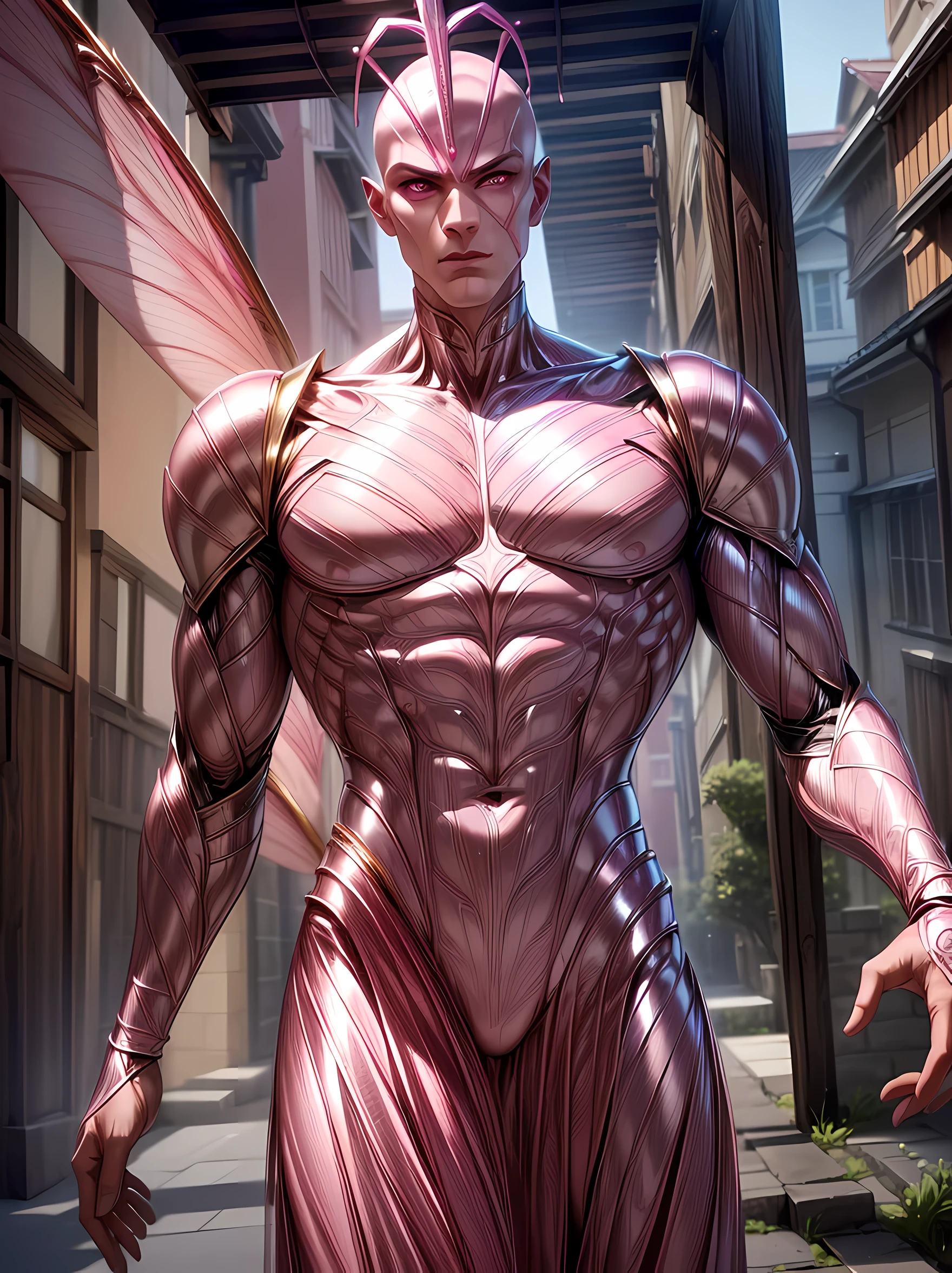 ((absurdres)) perfect whole body, ultra photorealistic, Top quality, Photorealistic, ((16k UHD)), High Definition, high res, ultra sharp, masterpiece, best quality, intricate details, detailed eyes, perfect face detailed face, masterpiece, highly detailed exquisite character art, perfectly detailed anatomy, detailed body, detailed pecs, (((natural light))), ultra-realistic, (((1male))) ((tall muscular man male humanoid)), bald, humanoid (((pink skin))), deity, god of insects, (((humanoid pink skin tone))), pink hue, powerful humanoid appearance, pure white eyes, shiny metallic scales, scales. ((glossy metallic Armor)), intimidating face, strong jaw, high cheekbones, antenna, villain pose, in a alleyway, ((petal pink humanoid insect))