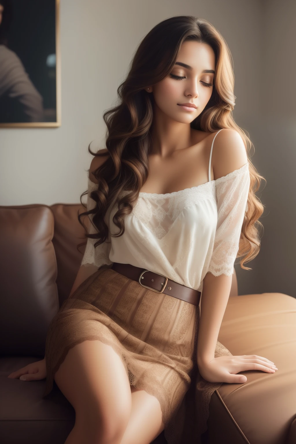 Photo of a sleeping woman, beautiful, raw, (extra long brown curly hair), ((Portrait)), ((Detailed face:1.2)), ((detailed facial features)), finely detailed skin, wrapped in a pleated tennis skirt, Living room environment, Lying on the couch, (warm color), cozy, comfortable, Reflectors, (softbox) (perfectly proportions)(photos realistic)(Best Quality) (Detailed) photographed in a Canon EOS R6, 50mm Lens, F/4, nffsw, (4K) (Wallpaper) (Soft box lighting) (Warm lighting) (foco suave) (Realistic