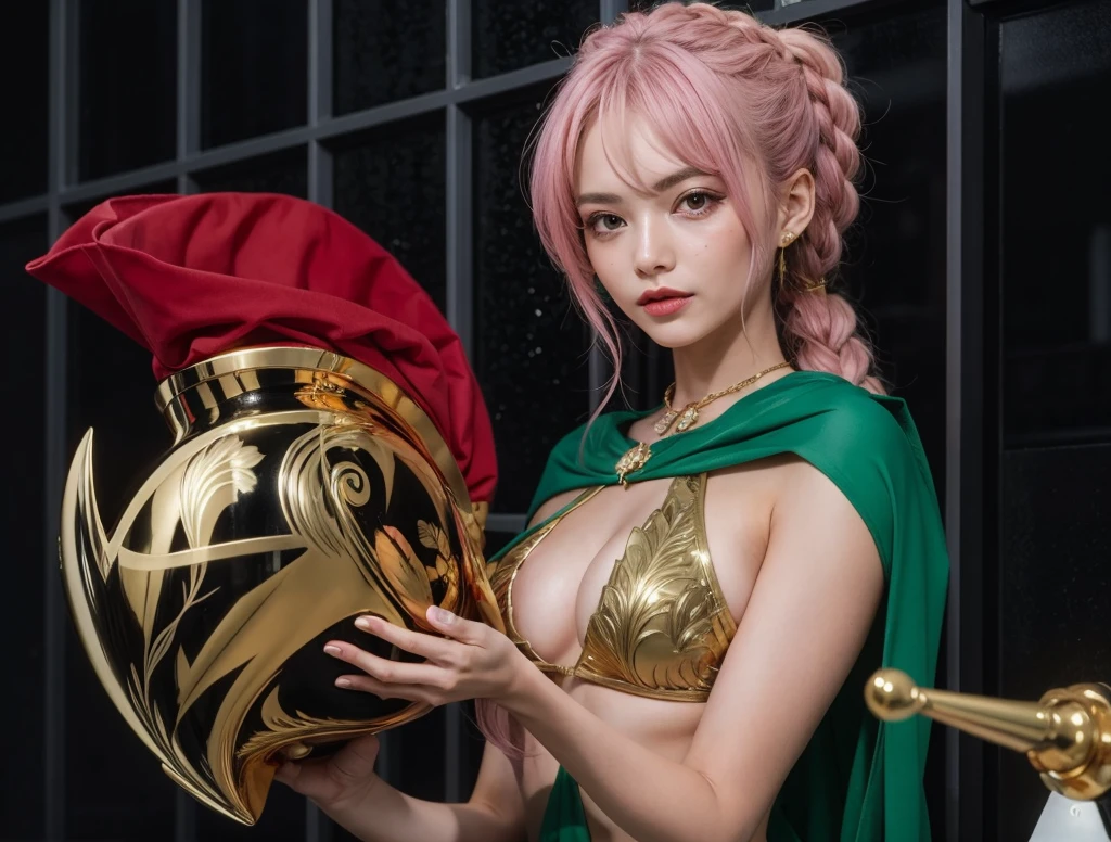 Itallian woman, pink long hair, golden bra, green cape.