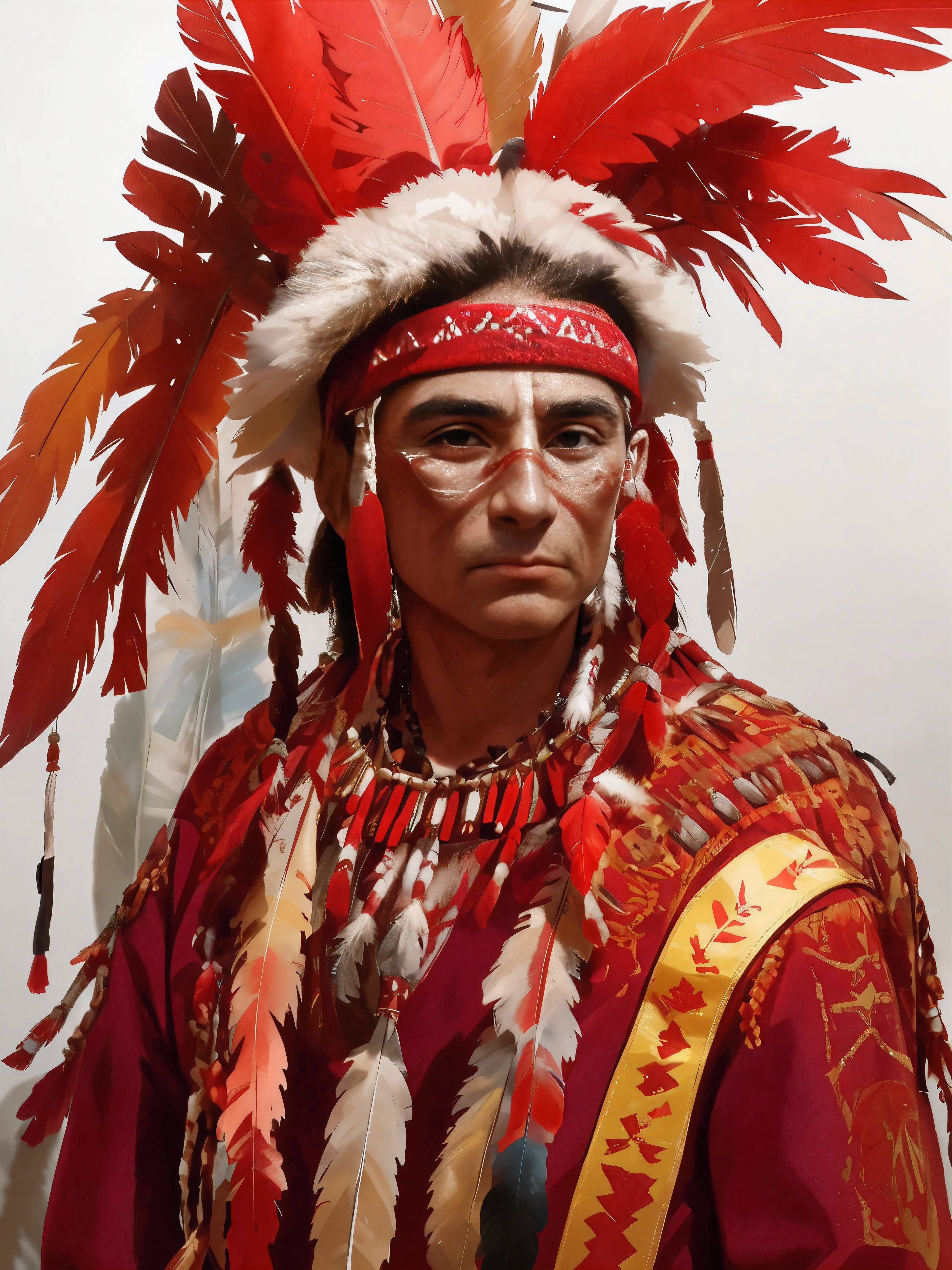 a close up of a man with a red headdress and feathers, native american, a native american warrior, native american warrior, indian warrior, indigenous man, red cloud, skilled warrior of the apache, portrait of a warrior, warrior face painting red, 8k artistic portrait photography, indigenous, color photograph portrait 4k, wearing war paint, red cloud light