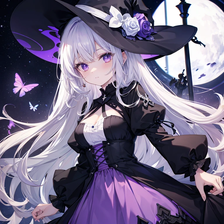 Perfect details, pale skin, medium figure, witch cake element, silver hair, purple eyes, gradient color palace dress, ta dress。clothes palette（Mainly lavender，Black and white supplemented）