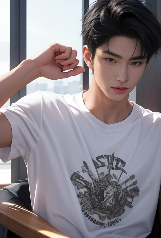 High quality, masterpiece, highly detailed, 8k, perfect face, perfect body, realistic, photogenic, man, Asian, young, black hair, short hair, handsome, detailed eyes, beautiful detailed nose, realistic body, realistic light, comfortable expressions, cute guy, sweat guy, cool guy, abs sixpack, model style, sexy clothes , full body, clean skin, basketball shirt