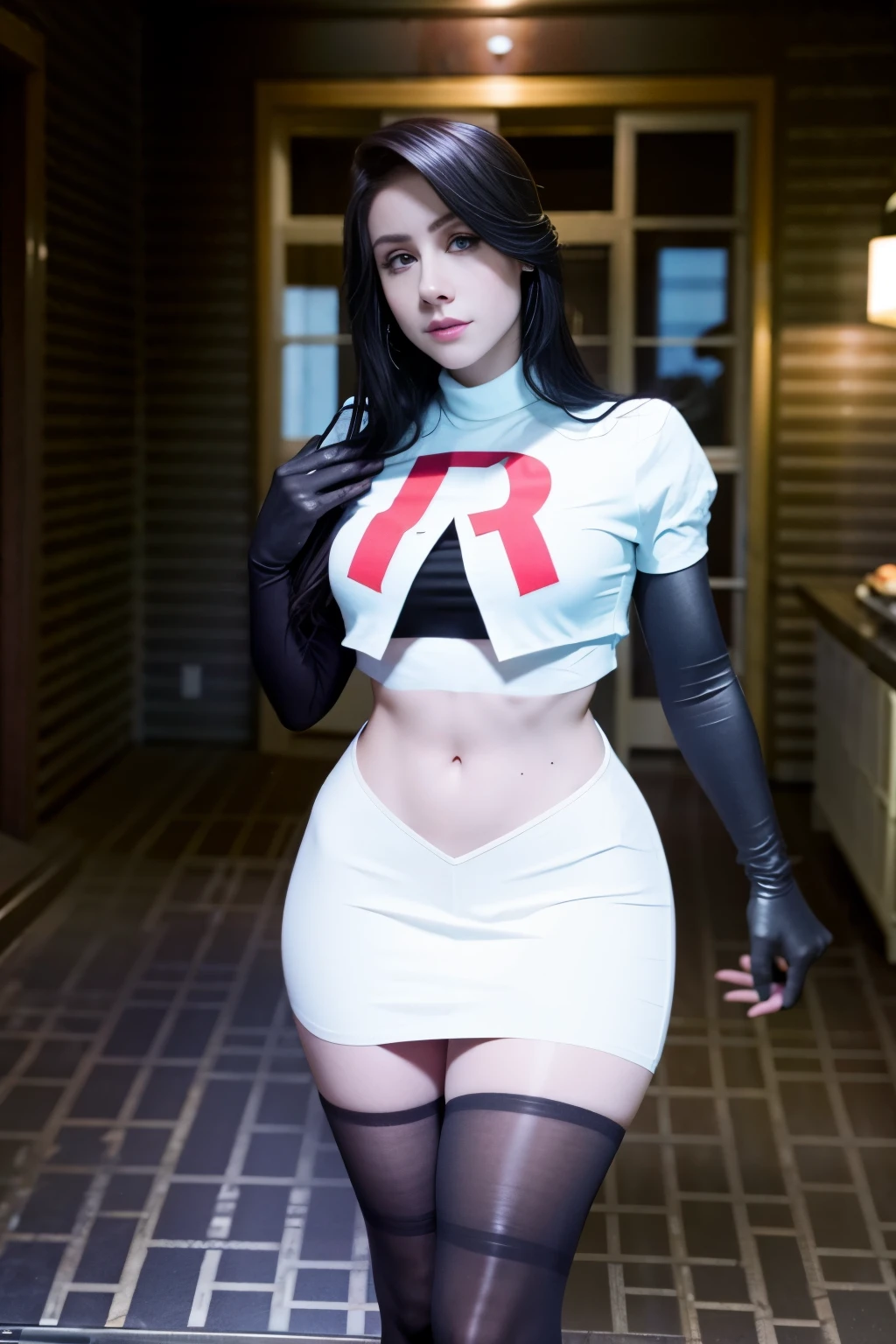 leynainu, a woman, wearing team rocket,team rocket uniform,white skirt,red letter R,crop top,black thigh-highs,black elbow gloves,