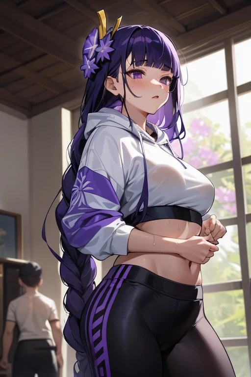 masterpiece, best quality, 1girl, 1boy, raiden shogun, long hair, purple hair, purple eyes, medium breasts, braided ponytail, hair ornament, blunt bangs, flowers, mole, mole under eye, sweat, wet, hoodie, gym tights, home background, inside house, daylight, playing games, bored