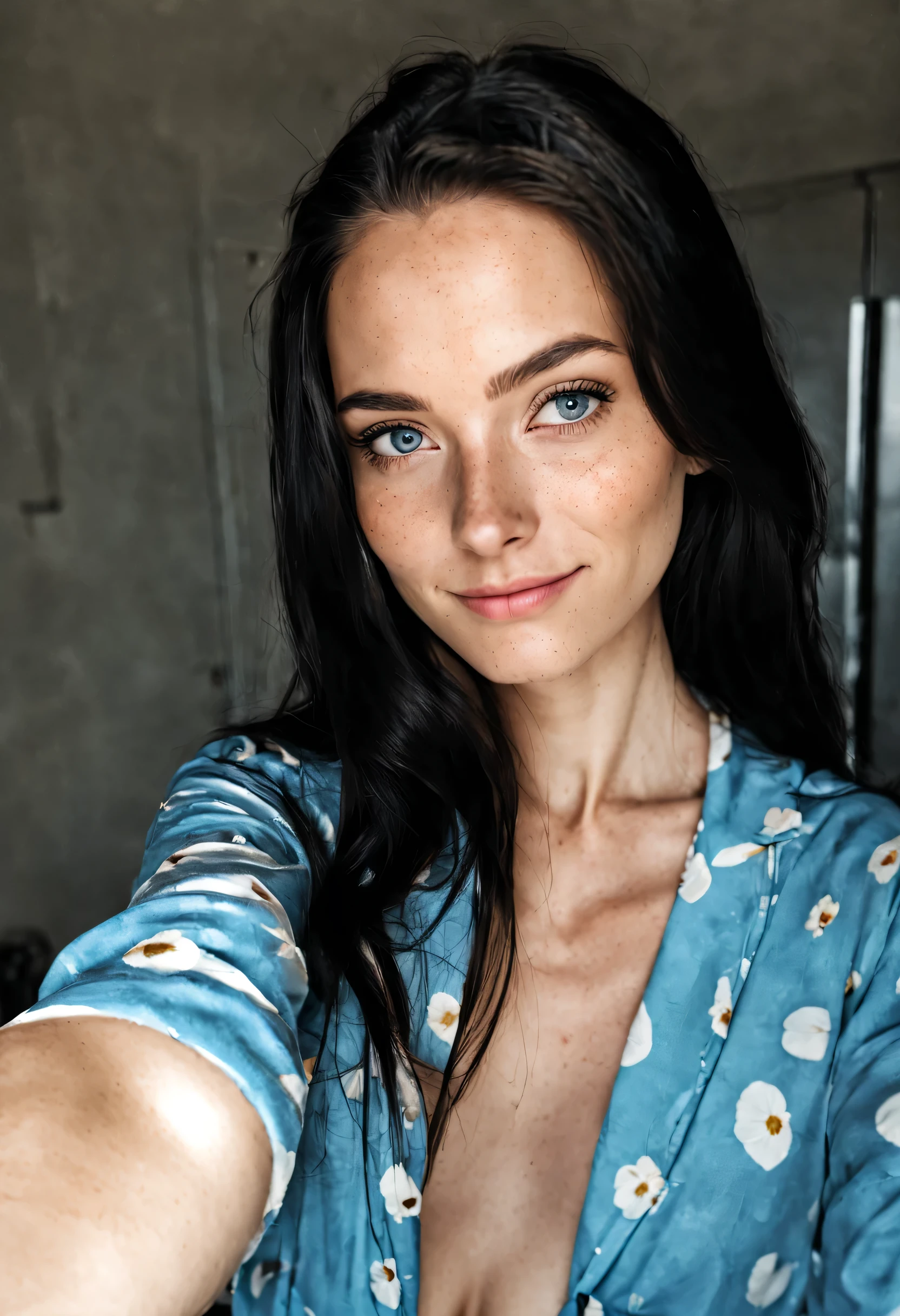 instagram selfie , a 23 year old gorgeous woman , slight smile , detailed skin face and eyes , natural lighting , at home , long hair, wearing cute pajamas , film grain, low contrast, natural face , freckles , black hair , blue eyes, dark circles under eyes. Sexy bra