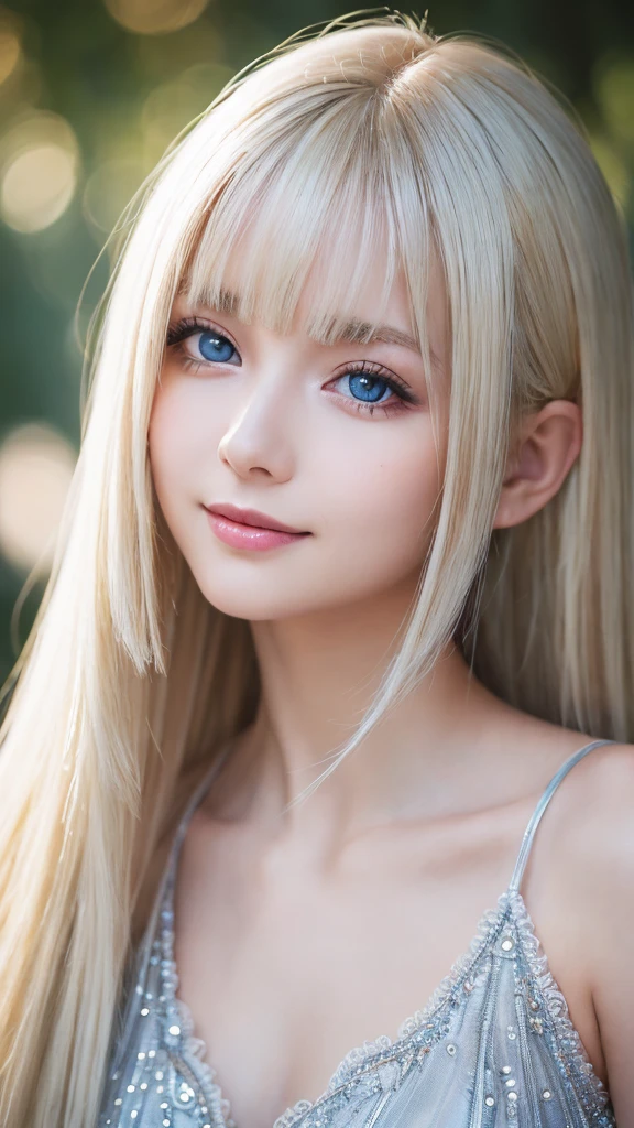 light smile、night、Live shooting、(((Portrait of extreme beauty)))、((glowing skin))、1 girl、15 year old beautiful girl from Prague、bright look、((platinum blonde hair))、[Big light blue eyes that shine like jewels]、very big eyes、Shiny glossy skin、silky super long straight hair、eyeliner、beautiful bangs、hair between eyes、((masterpiece、最high quality、Super detailed、film light、intricate details、High resolution、very detailed))、detailed background、8KUHD、digital single lens reflex、soft light、high quality、film grain、Fujifilm XT3 、depth of field is shallow、Natural light、（No hands）、Look up、rich bust