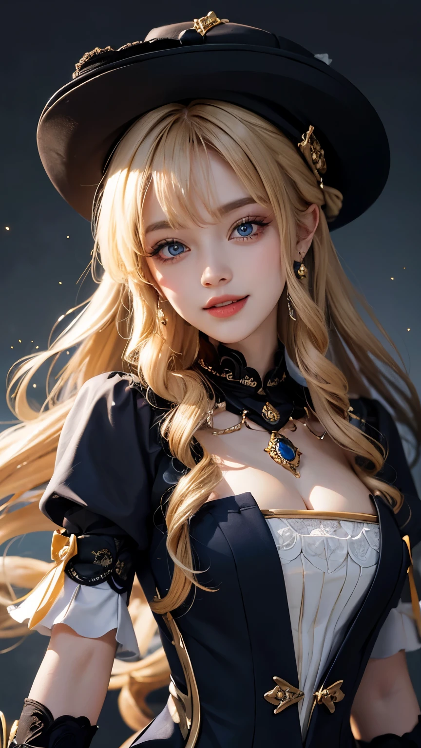 moon background，maid outfit, black and white art, His style, hunter's eyes, masterpiece, best quality，blonde hair, blue eyes，sparkle in eyes，long golden hair，super huge ，Nice hat，mischievous laugh，Positive face