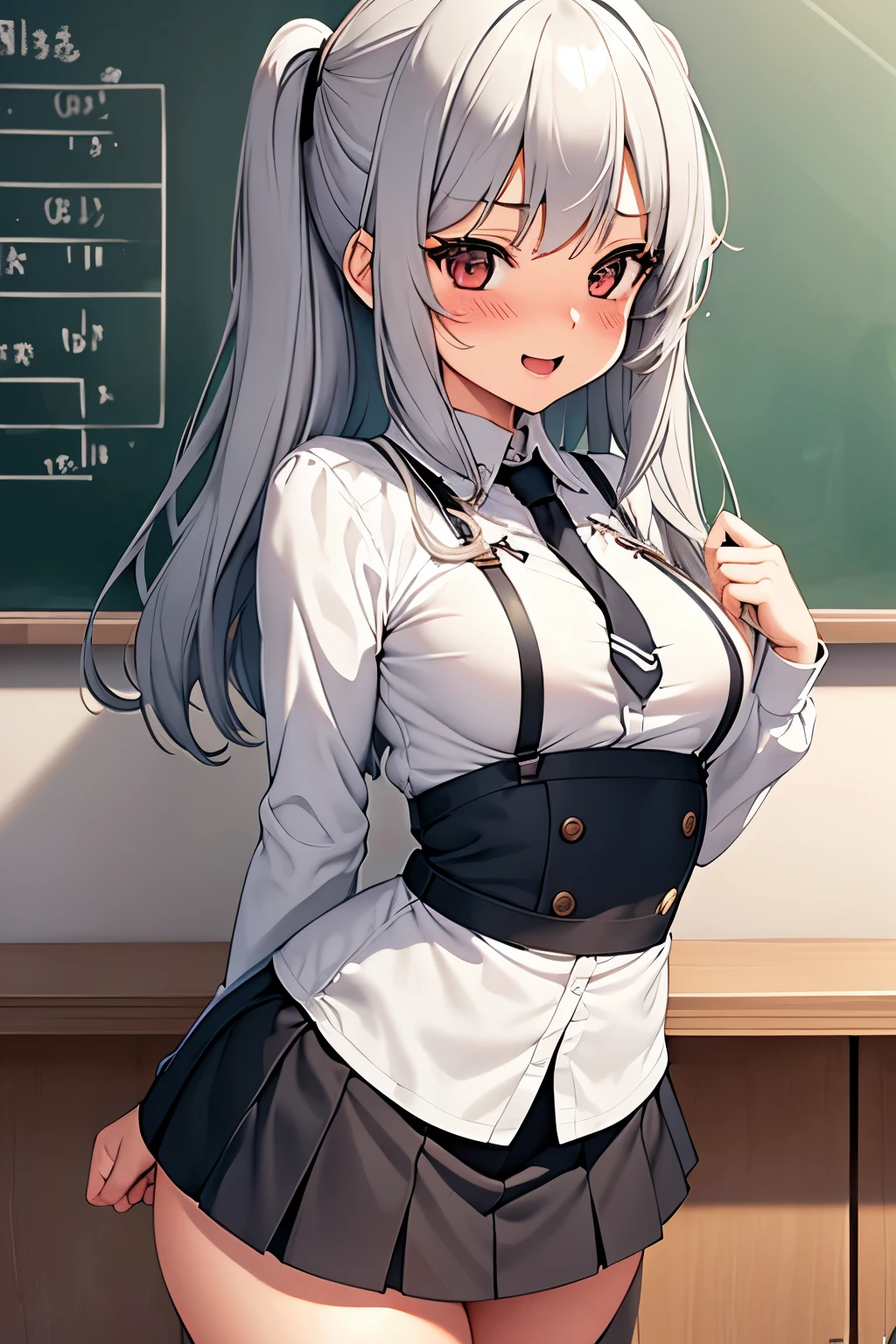 Imagen estilo anime NSFW de una chica de cabello gris y largo su cabello esta muy desordenado, short stature and very small breasts, big thighs and big ass, she wears a very tight schoolgirl uniform and is in a classroom blushing and laughing in a perverted way while her legs are full of white semen