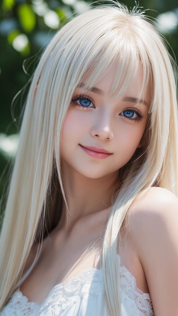 light smile、night、Live shooting、(((Portrait of extreme beauty)))、((glowing skin))、1 girl、15 year old beautiful girl from Prague、bright look、((platinum blonde hair))、[Big light blue eyes that shine like jewels]、very big eyes、Shiny glossy skin、silky super long straight hair、eyeliner、beautiful bangs、hair between eyes、((masterpiece、最high quality、Super detailed、film light、intricate details、High resolution、very detailed))、detailed background、8KUHD、digital single lens reflex、soft light、high quality、film grain、Fujifilm XT3 、depth of field is shallow、Natural light、（No hands）、Look up、rich bust
