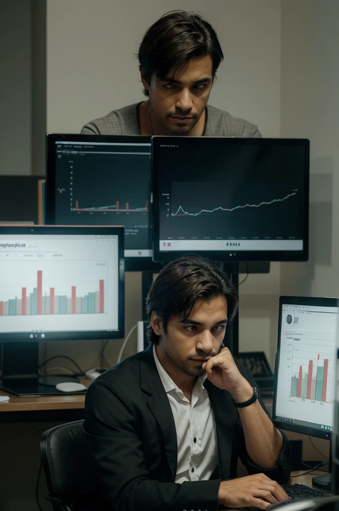 There is a man sitting at a table with two computer monitors, sentado em um computador, sentado em frente ao computador, olhando para o monitor, displaying stock charts, sentado em uma mesa de computador, na frente de um computador, negotiation, negotiation stocks,