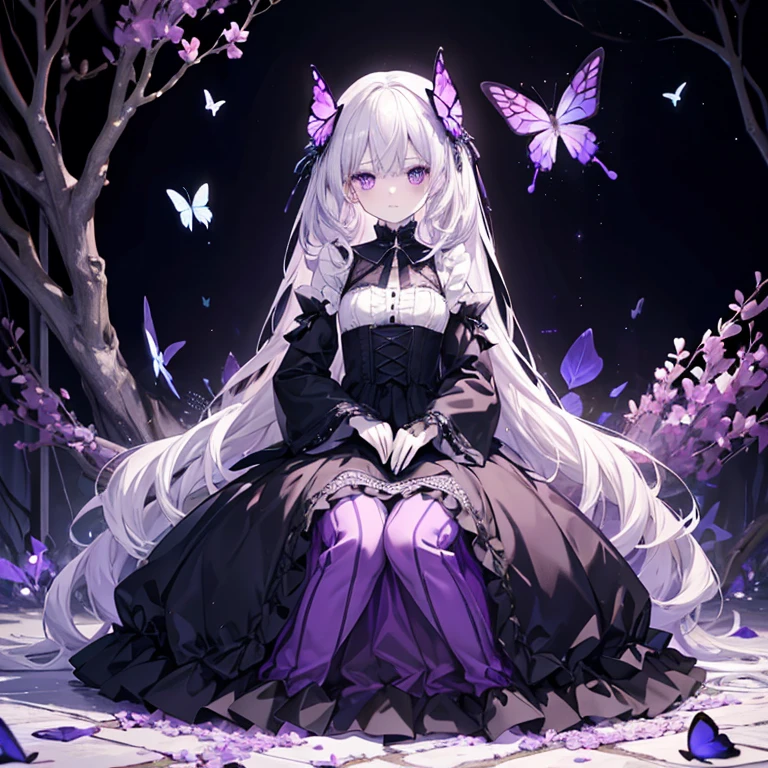 Perfect details, pale skin, full body like a medium-sized witch, butterfly elements, silver hair, purple eyes, gradient color palace dress, Lolita dress。clothes palette(Mainly lavender,Black and white supplemented)Cool background garden sleeves full body