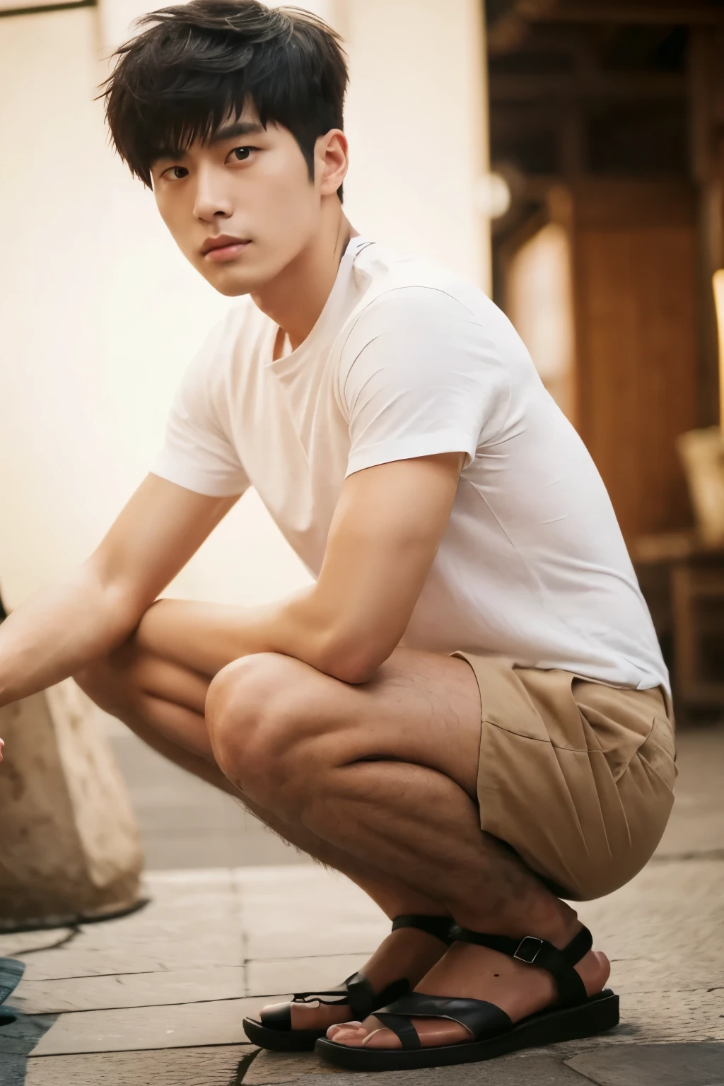 ((super sharp focus)), (hairy legs), toned legs, whole body, two block, messy shortt hair, long legs, Japan Male, 27 years old, wearing beige shorts, wearing a black T-shirt, very short hair, black hair