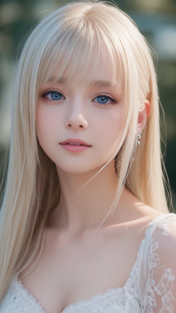 light smile、night、Live shooting、(((Portrait of extreme beauty)))、((glowing skin))、1 girl、15 year old beautiful girl from Prague、bright look、((platinum blonde hair))、[Big light blue eyes that shine like jewels]、very big eyes、Shiny glossy skin、silky super long straight hair、eyeliner、beautiful bangs、hair between eyes、((masterpiece、最high quality、Super detailed、film light、intricate details、High resolution、very detailed))、detailed background、8KUHD、digital single lens reflex、soft light、high quality、film grain、Fujifilm XT3 、depth of field is shallow、Natural light、（No hands）、Look up、rich bust