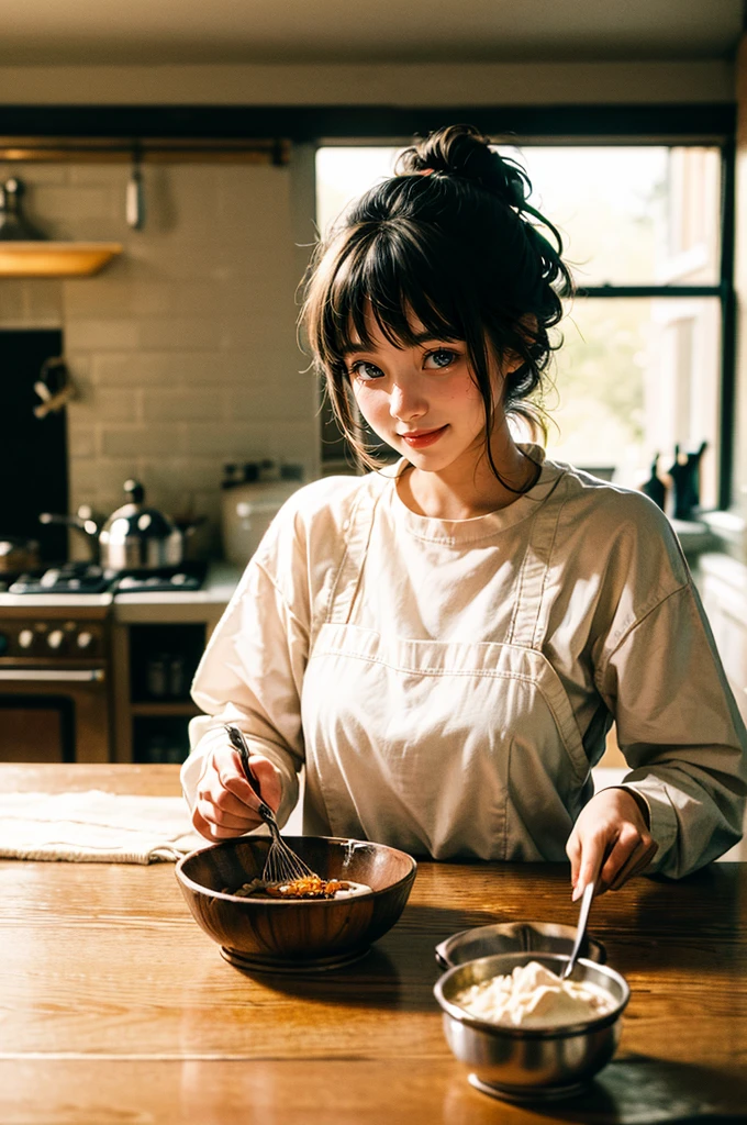 An imaginative and heartwarming depiction of a dream girlfriend, envisioned as a loving partner and lifelong companion, cooking in the kitchen. She radiates a sweet and comforting smile that brightens the room, creating a sense of joy and tranquility. Her smile is so enchanting that it can make all worries fade away. She embodies wisdom, beauty, and a diligent character. Her attire is casual yet feminine, suitable for cooking, with her hair tied back neatly. The kitchen setting is homely and well-equipped, filled with the aroma of delicious food. The overall style is a blend of realism and a touch of whimsy, capturing the essence of a sweet, hardworking girl in a domestic, loving environment, high details, super detail, highres, (Super high saturation, bright and vivid colors), (best quality, masterpiece, Representative work, official art, Professional, 8k)
