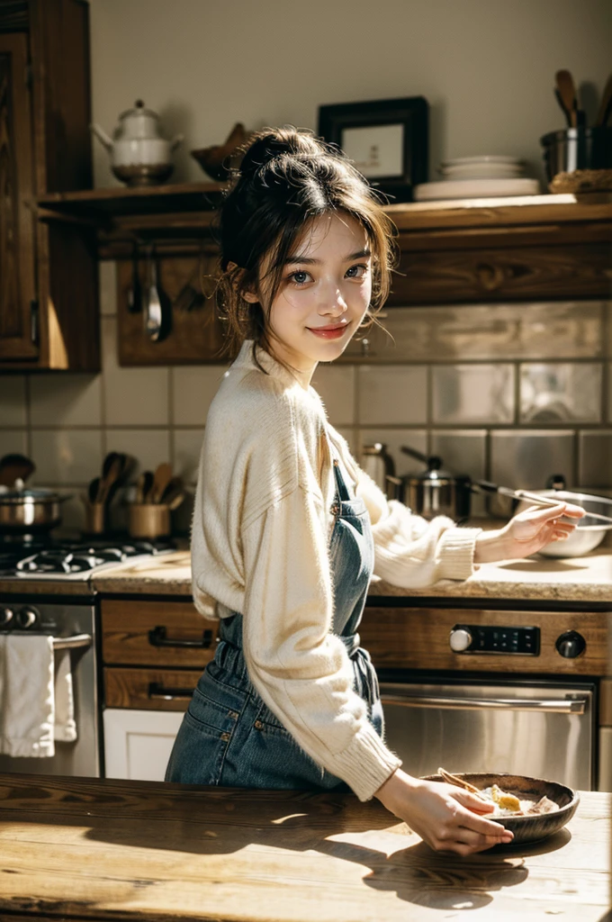 An imaginative and heartwarming depiction of a dream girlfriend, envisioned as a loving partner and lifelong companion, cooking in the kitchen. She radiates a sweet and comforting smile that brightens the room, creating a sense of joy and tranquility. Her smile is so enchanting that it can make all worries fade away. She embodies wisdom, beauty, and a diligent character. Her attire is casual yet feminine, suitable for cooking, with her hair tied back neatly. The kitchen setting is homely and well-equipped, filled with the aroma of delicious food. The overall style is a blend of realism and a touch of whimsy, capturing the essence of a sweet, hardworking girl in a domestic, loving environment, high details, super detail, highres, (Super high saturation, bright and vivid colors), (best quality, masterpiece, Representative work, official art, Professional, 8k)