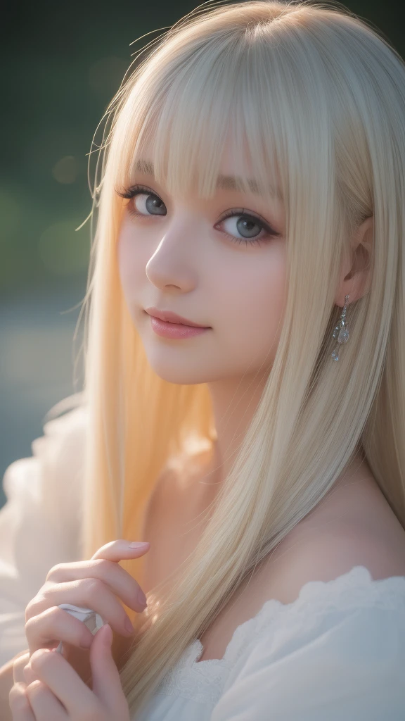 light smile、night、Live shooting、(((Portrait of extreme beauty)))、((glowing skin))、1 girl、15 year old beautiful girl from Prague、bright look、((platinum blonde hair))、[Big light blue eyes that shine like jewels]、very big eyes、Shiny glossy skin、silky super long straight hair、eyeliner、beautiful bangs、hair between eyes、((masterpiece、最high quality、Super detailed、film light、intricate details、High resolution、very detailed))、detailed background、8KUHD、digital single lens reflex、soft light、high quality、film grain、Fujifilm XT3 、depth of field is shallow、Natural light、（No hands）、Look up、rich bust
