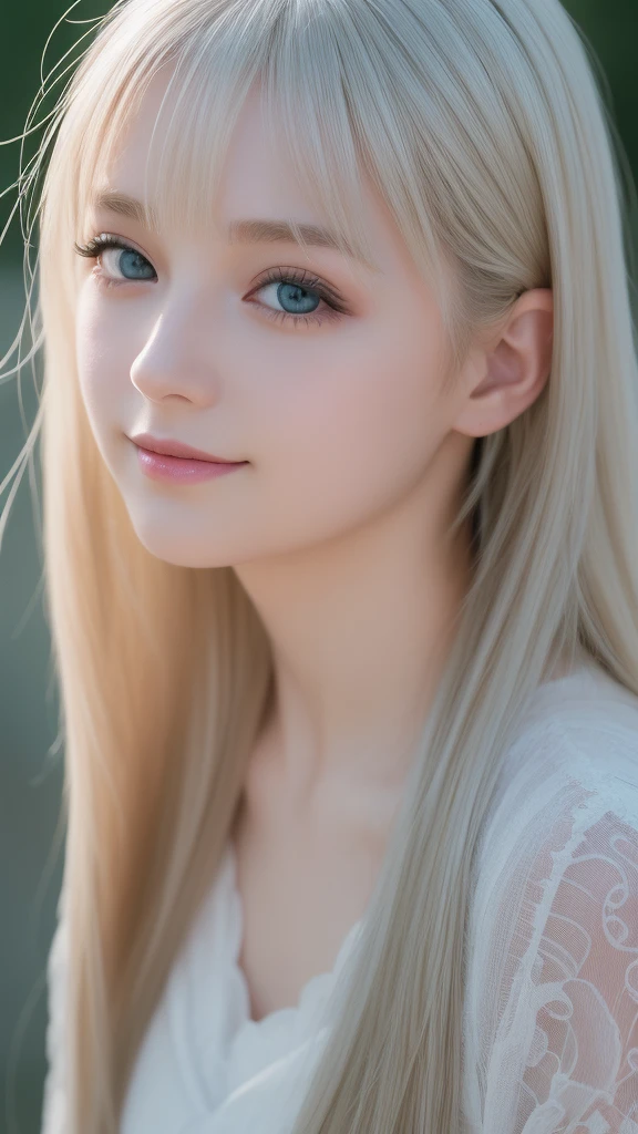 light smile、night、Live shooting、(((Portrait of extreme beauty)))、((glowing skin))、1 girl、15 year old beautiful girl from Prague、bright look、((platinum blonde hair))、[Big light blue eyes that shine like jewels]、very big eyes、Shiny glossy skin、silky super long straight hair、eyeliner、beautiful bangs、hair between eyes、((masterpiece、最high quality、Super detailed、film light、intricate details、High resolution、very detailed))、detailed background、8KUHD、digital single lens reflex、soft light、high quality、film grain、Fujifilm XT3 、depth of field is shallow、Natural light、（No hands）、Look up、rich bust